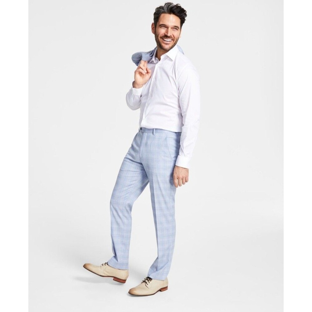 $135 BRAND NEW ALFANI Mens 32x34 Light Blue Plaid Soft Slim Dress Pants/Slacks